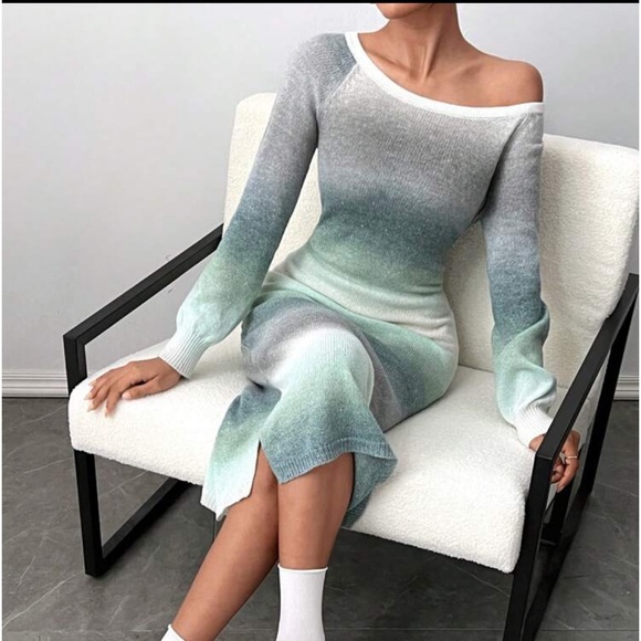 Comfy Off Shoulder Ombre Tie Dye Slit Sweater Dress - Picture 1 of 4